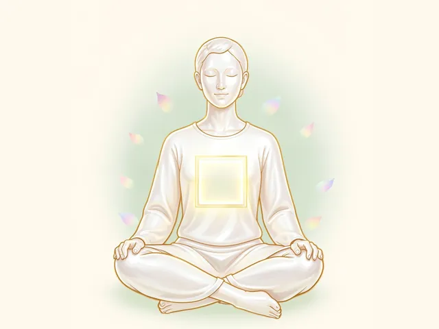 Illustration of a person meditating cross-legged with a softly glowing golden square in front of the chest, the four sides of box breathing