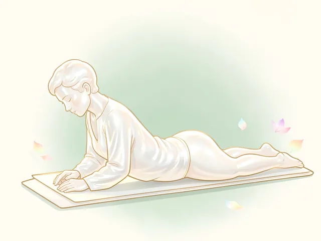 Illustration of a person lying on a yoga mat in a gentle low cobra pose with the chest softly lifted