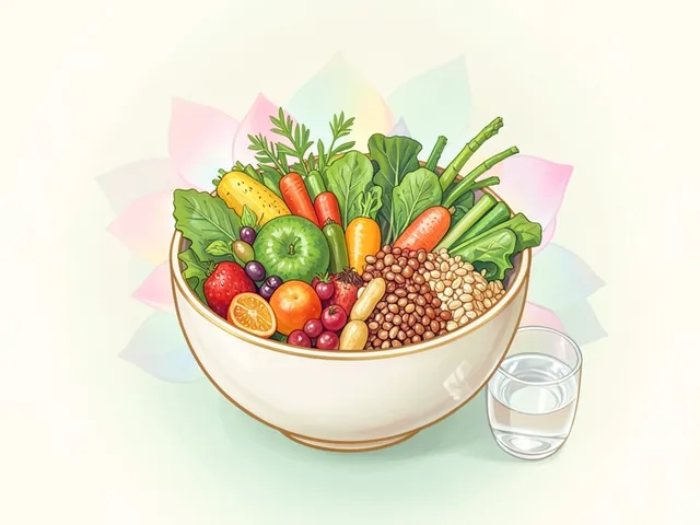 Illustration of a bowl of fresh fruit, leafy greens, vegetables, grains and lentils with a glass of water