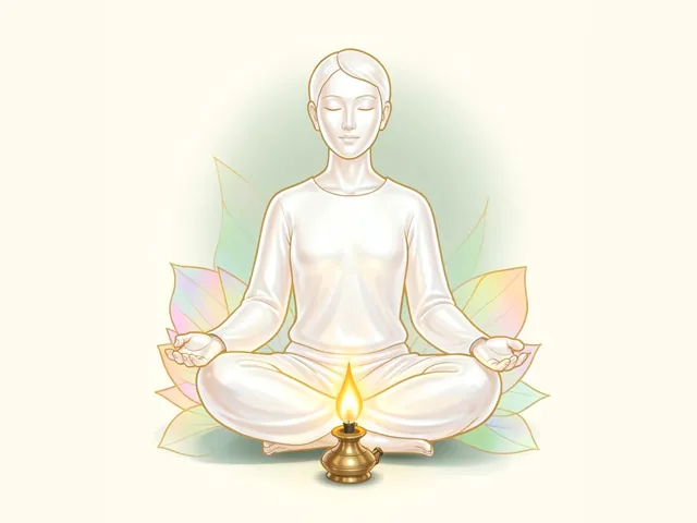 Illustration of a person meditating cross-legged beside a small oil lamp with a perfectly steady flame