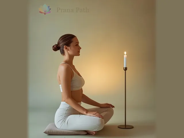 Illustration of a person seated cross-legged on a cushion, calmly gazing at a single candle flame