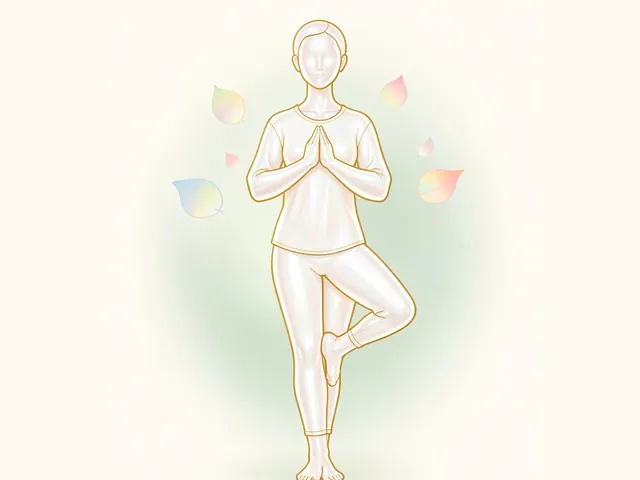 Illustration of a person balancing in tree pose, one foot resting on the inner calf and palms joined at the chest