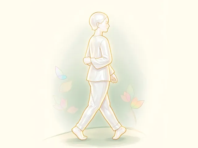 Illustration of a person walking slowly and mindfully barefoot along a soft path