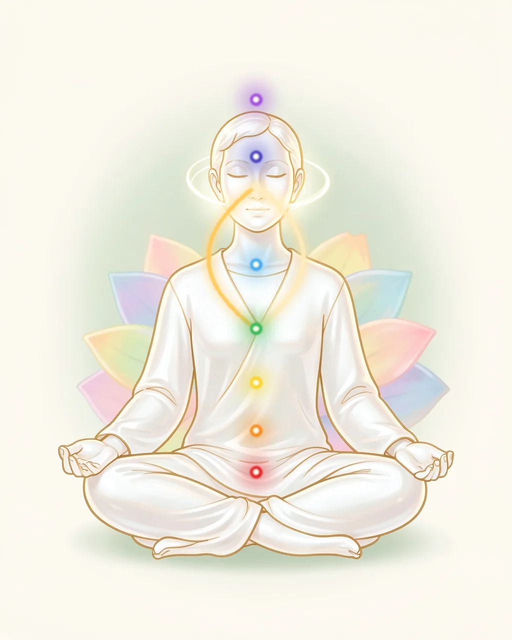 Illustration of a person meditating in lotus pose with seven chakras glowing from red at the base to violet above the head, and a loop of golden light flowing from the nose down to the heart and back, showing the natural flow of breath.