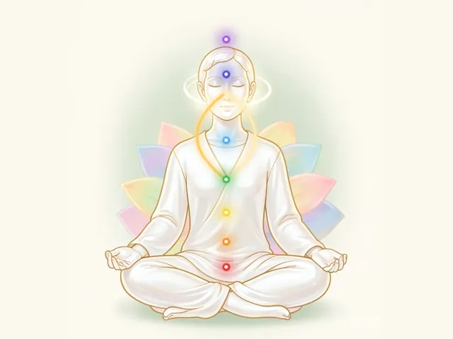 Illustration of a person meditating in lotus pose with seven chakras glowing from red at the base to violet above the head, and a loop of golden light flowing from the nose down to the heart and back, showing the natural flow of breath.
