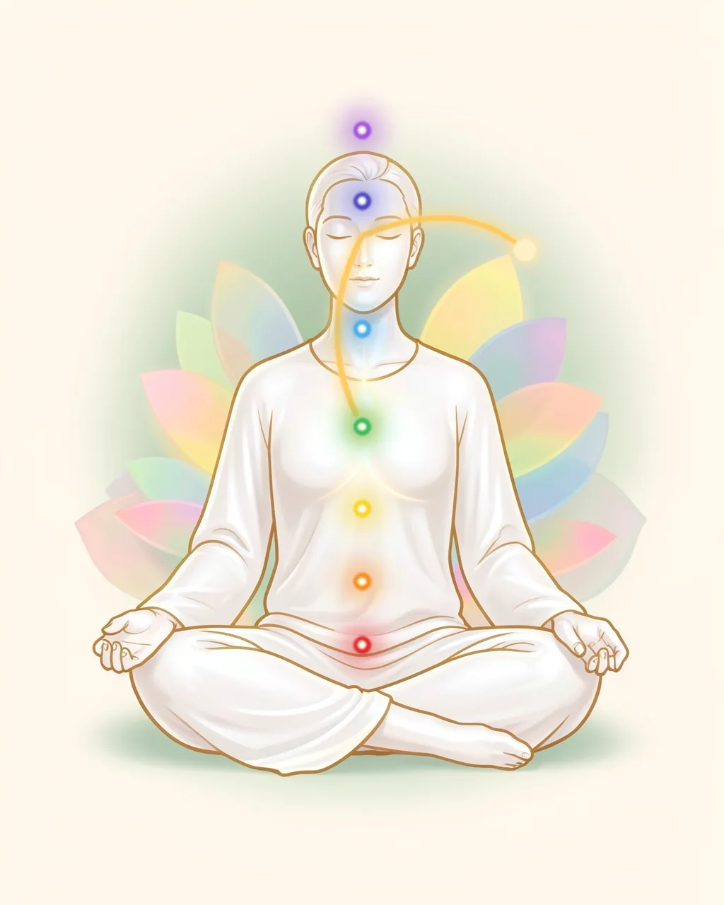 Illustration of a person meditating cross-legged in a white robe, seven chakra points glowing from red at the base of the spine to violet above the head, with a golden line of breath linking a point in front of the nose and a point at the heart.