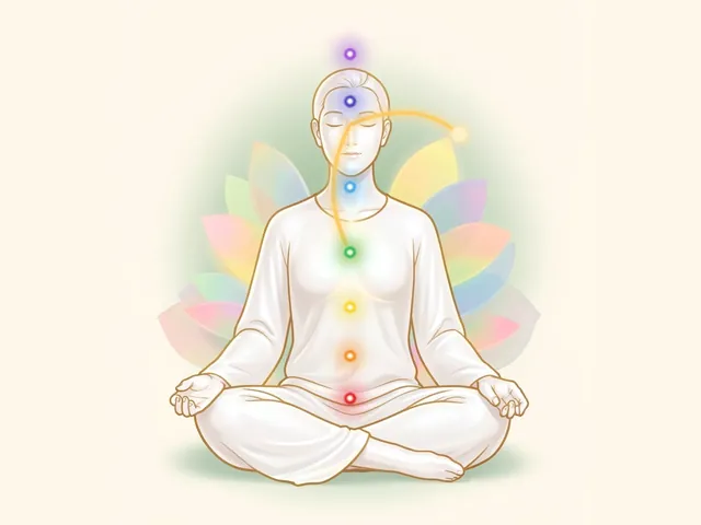 Illustration of a person meditating cross-legged in a white robe, seven chakra points glowing from red at the base of the spine to violet above the head, with a golden line of breath linking a point in front of the nose and a point at the heart.