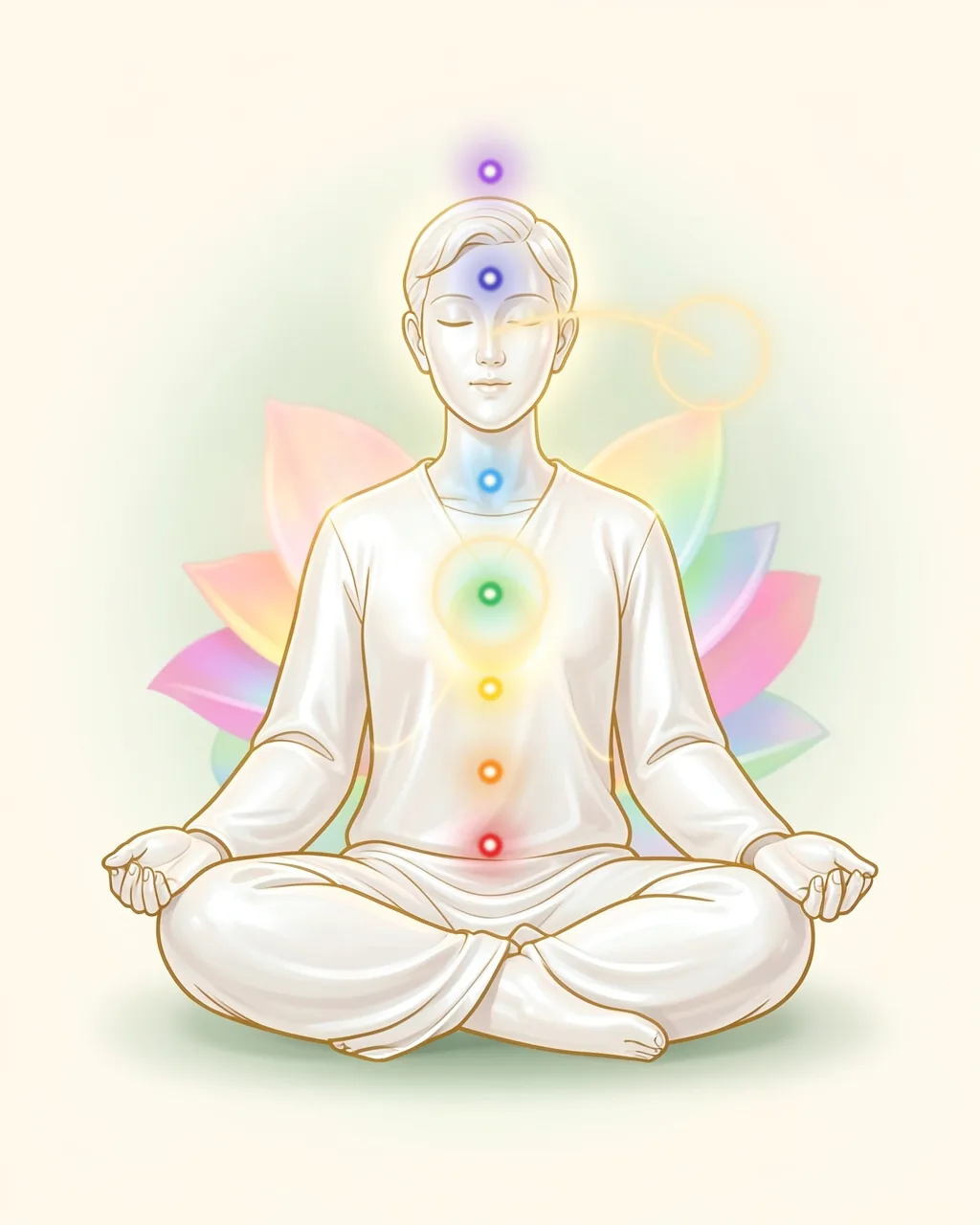 Illustration of a person meditating with seven glowing chakra points from red to violet; one soft circle of light floats in front of the face and another surrounds the heart, showing the space outside and the space inside.