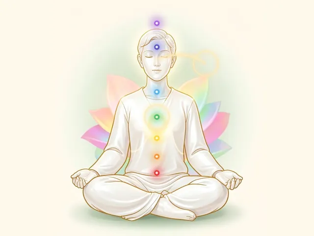 Illustration of a person meditating with seven glowing chakra points from red to violet; one soft circle of light floats in front of the face and another surrounds the heart, showing the space outside and the space inside.