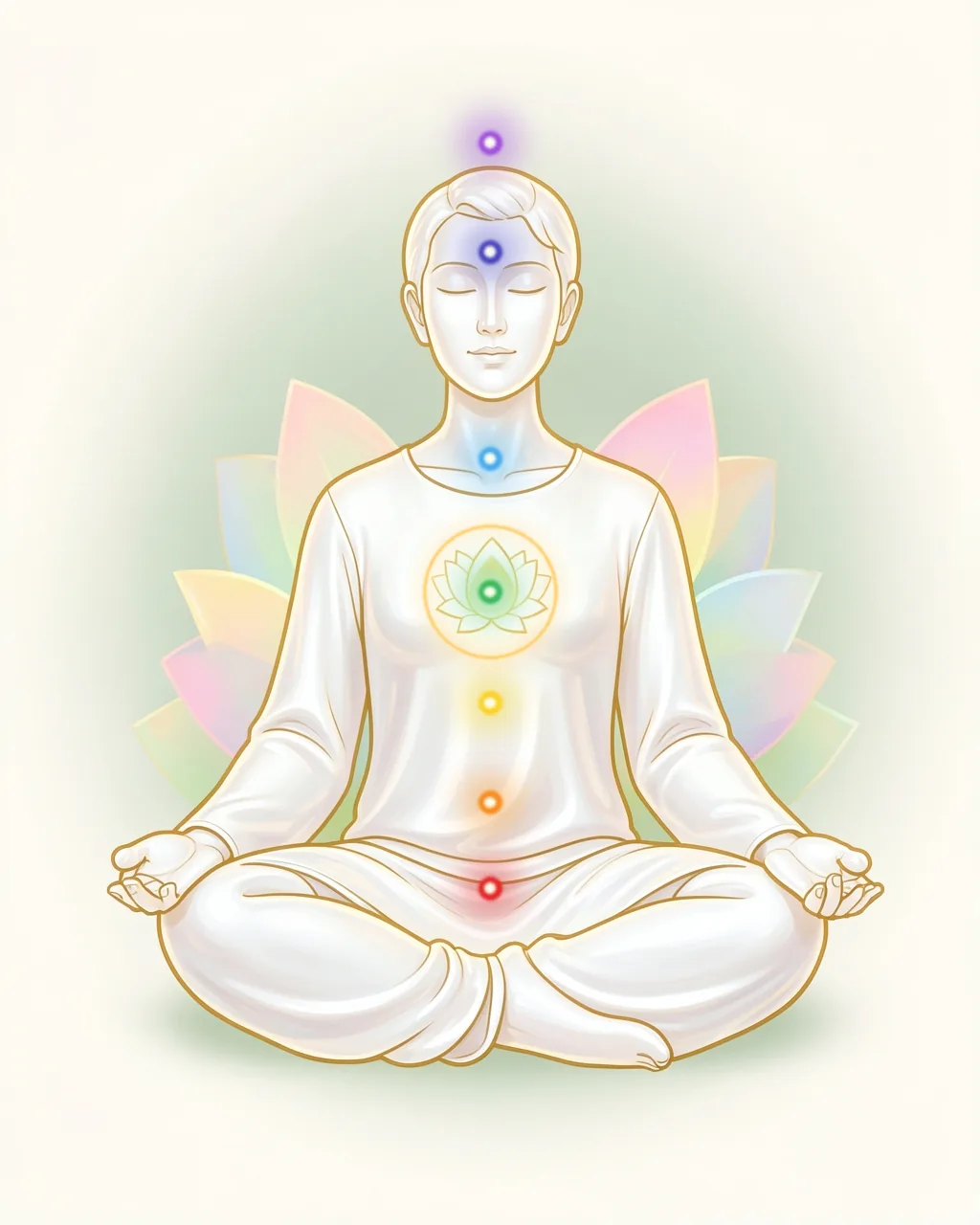 Illustration of a meditating person in lotus pose with seven chakras glowing in order from red at the base to violet at the crown, and a softly glowing lotus with a ring of light at the centre of the chest.