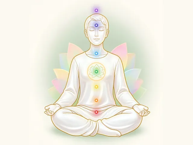 Illustration of a meditating person in lotus pose with seven chakras glowing in order from red at the base to violet at the crown, and a softly glowing lotus with a ring of light at the centre of the chest.