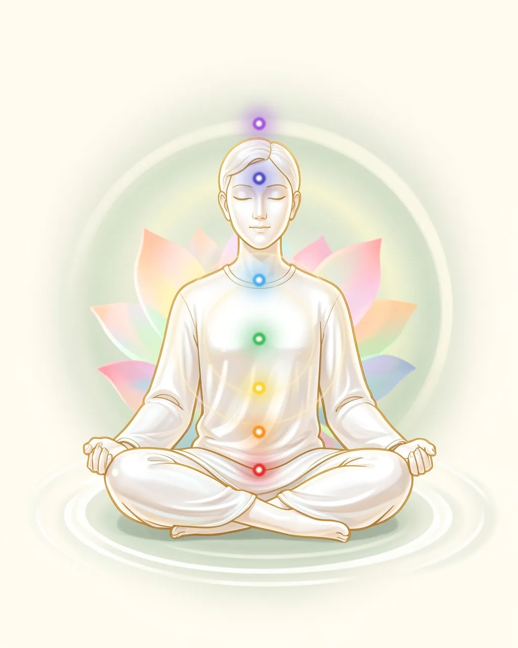 Illustration of a person meditating in lotus pose with seven chakra points glowing from red at the base to violet above the head, surrounded by calm rings of light