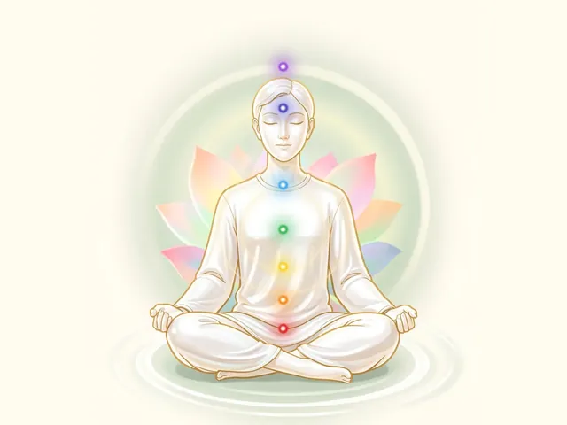 Illustration of a meditating figure with seven chakras glowing from red to violet, surrounded by calm rings of light spreading outward like ripples on still water, showing peace after the breath.