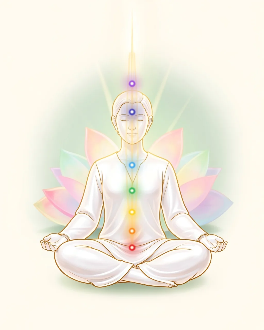 Illustration of a person seated in lotus pose with seven chakras glowing in order from red at the root to violet above the head, and a fine ray of golden light rising along the spine and fading above the crown.