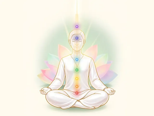 Illustration of a person seated in lotus pose with seven chakras glowing in order from red at the root to violet above the head, and a fine ray of golden light rising along the spine and fading above the crown.