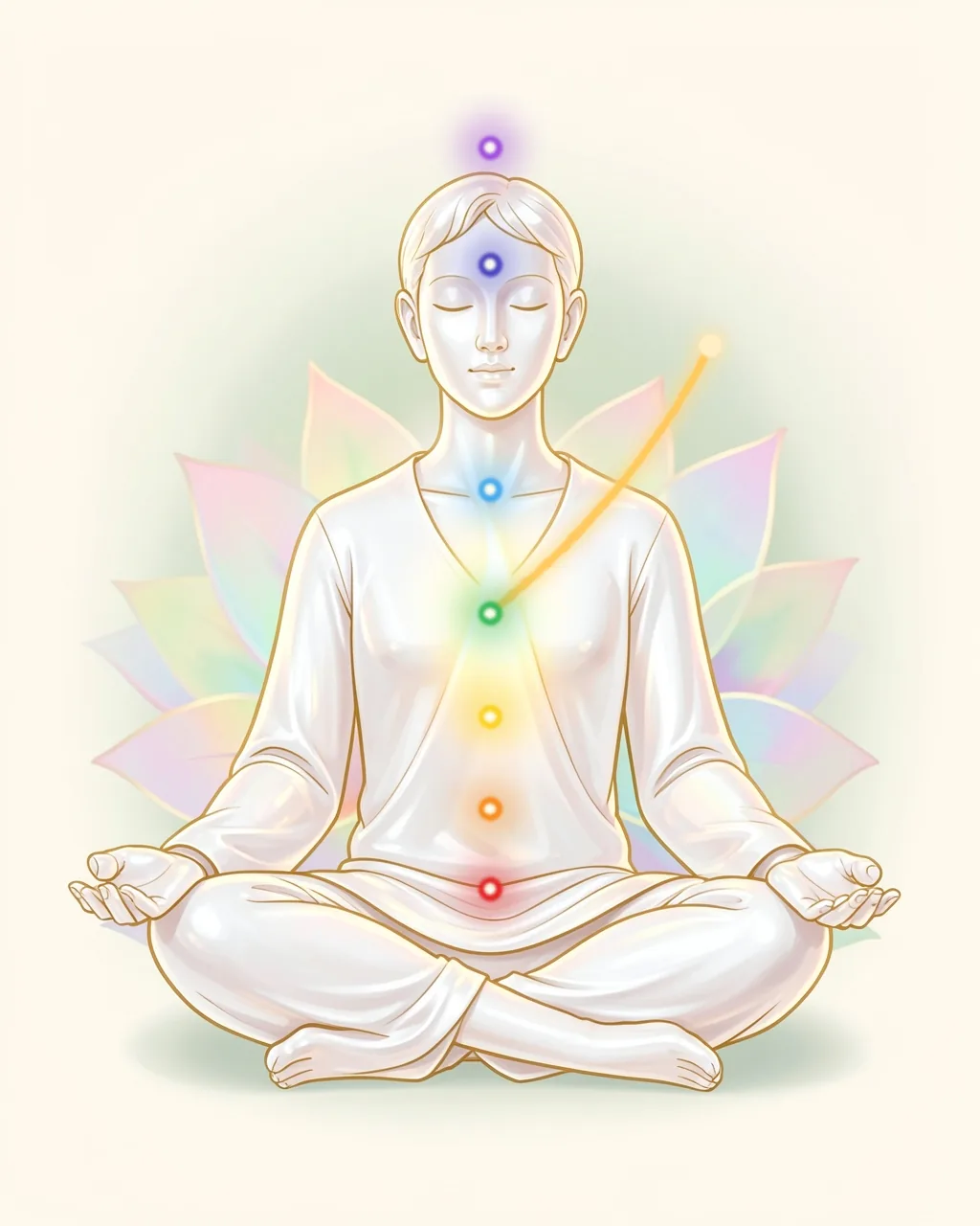 Illustration of a meditating figure with seven glowing chakras from red to violet and a golden ribbon of breath flowing from a point in front of the face down into the heart.