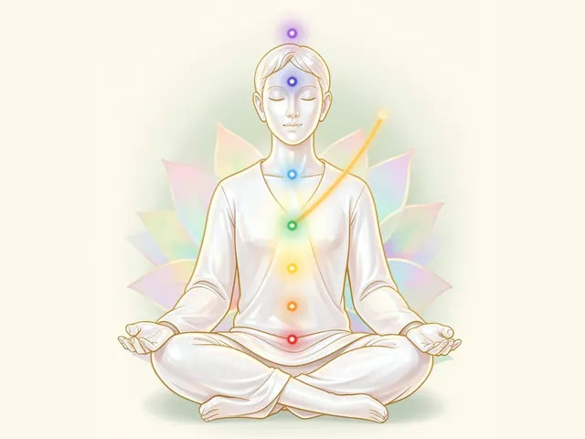 Illustration of a meditating figure with seven glowing chakras from red to violet and a golden ribbon of breath flowing from a point in front of the face down into the heart.