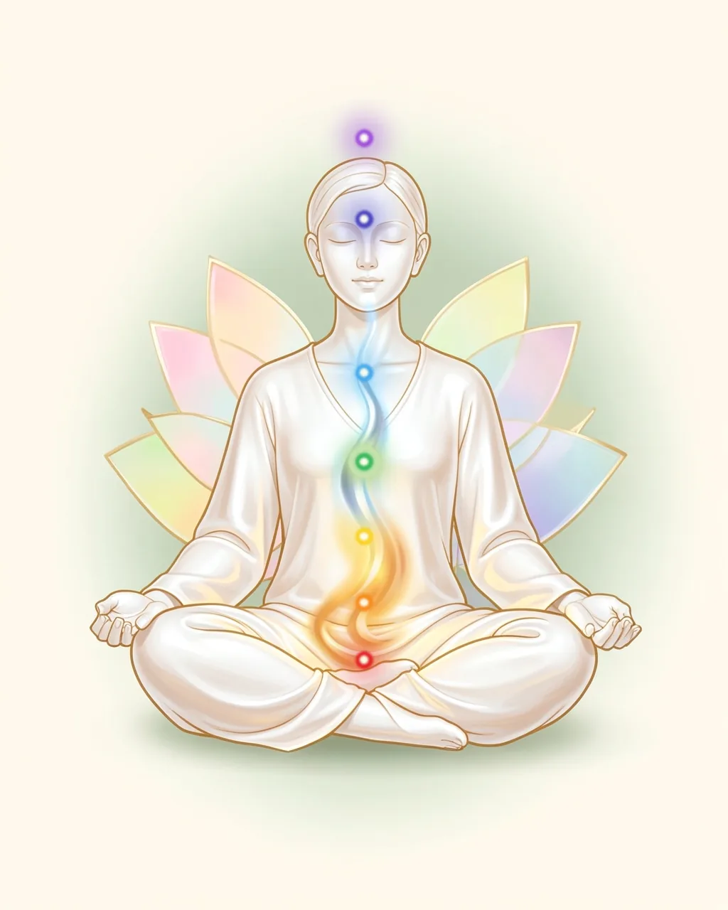 Illustration of a person meditating in a white robe with seven chakras glowing red to violet, a warm golden current rising from the belly and a cool silver-blue current descending from the nose, meeting at the heart.