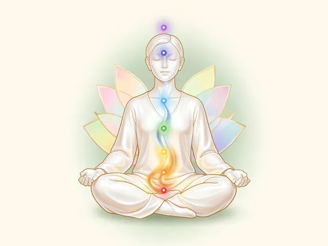 Illustration of a meditating person with a warm and a cool current of breath meeting at the heart, showing balanced breathing