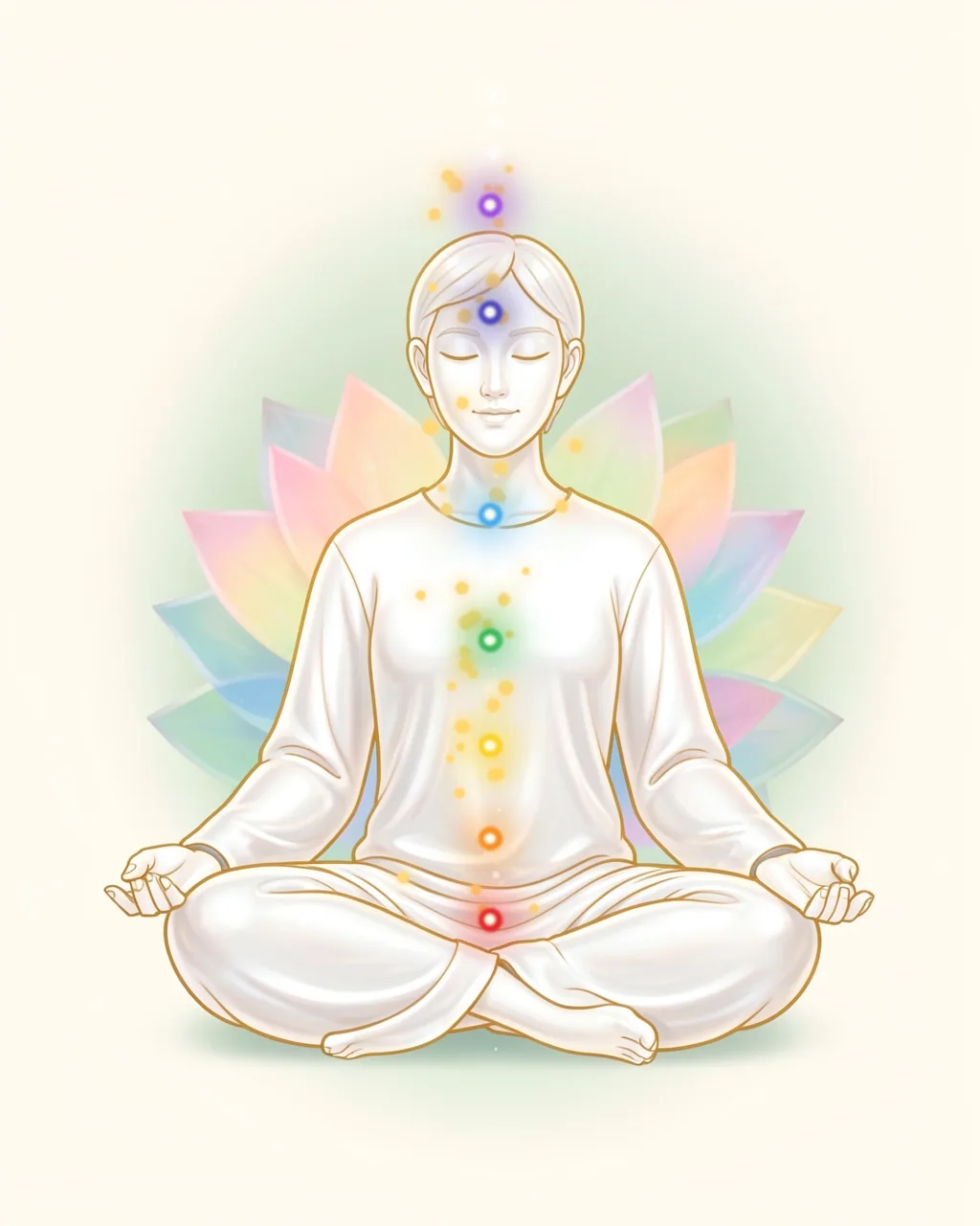 Illustration of a meditating person with eyes closed and seven chakras glowing in order from red to violet, with tiny golden sparkles of light drifting slowly up along the spine.