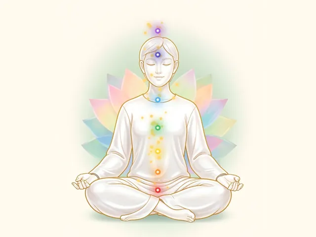 Illustration of a meditating person with eyes closed and seven chakras glowing in order from red to violet, with tiny golden sparkles of light drifting slowly up along the spine.