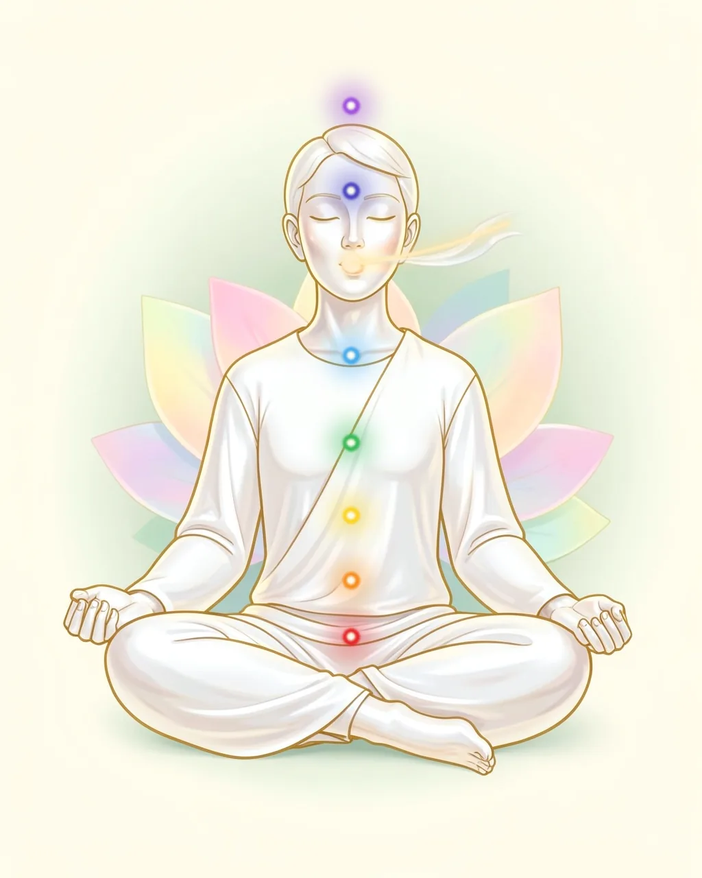 Illustration of a meditating person with seven chakras glowing from red to violet, the mouth gently open with a soft glow of attention inside it and a light wisp of out-breath fading away.