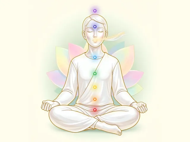 Illustration of a meditating person with a gentle breath and a soft glow at the mouth, suggesting a calm humming breath